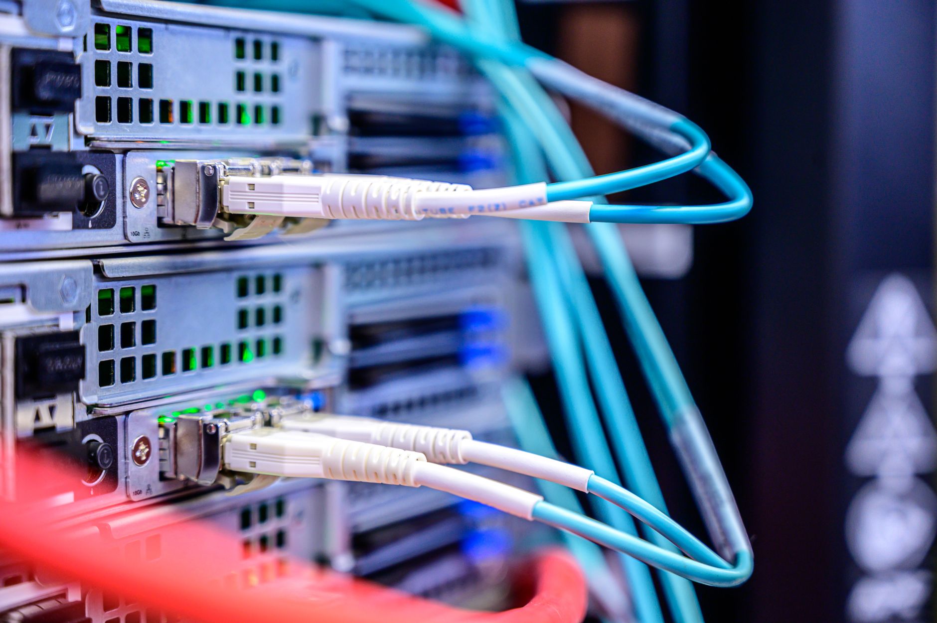 Close-up of Ethernet cables connected to server ports