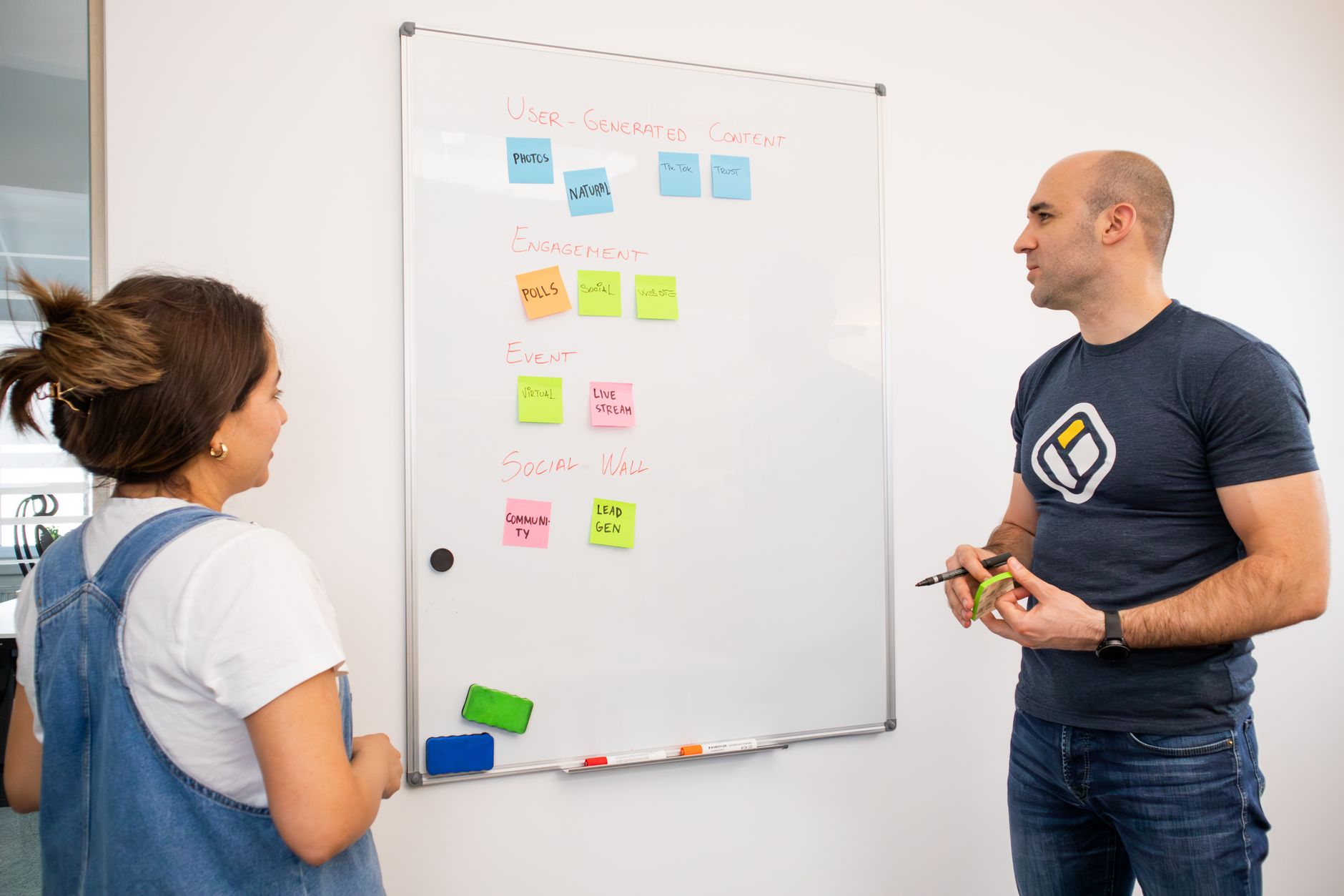 Two colleagues planning with notes on a whiteboard