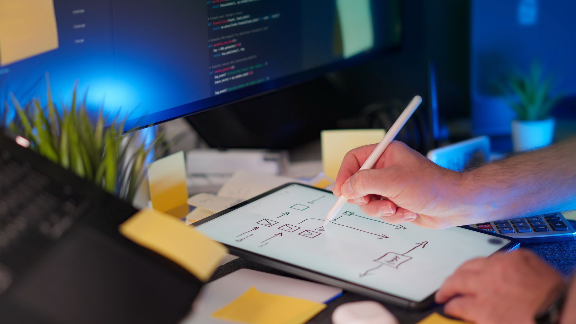 Workspace with digital sketching on a tablet next to a code editor on a monitor